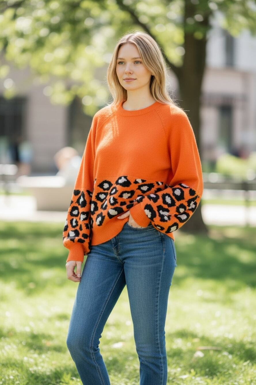 NWT Andthewhy crew neck Oversized sweater Leopard Print Size S/M